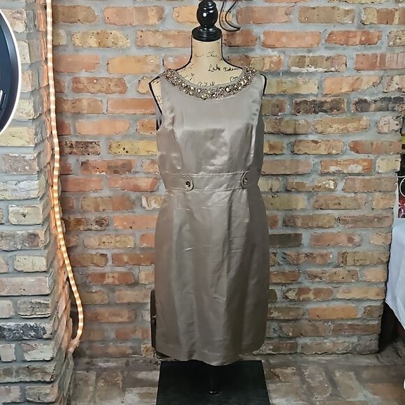 Alex Marie Bronze Linen & Silk Blend Embellished Sheath Dress – Size 12 - Picture 2 of 11